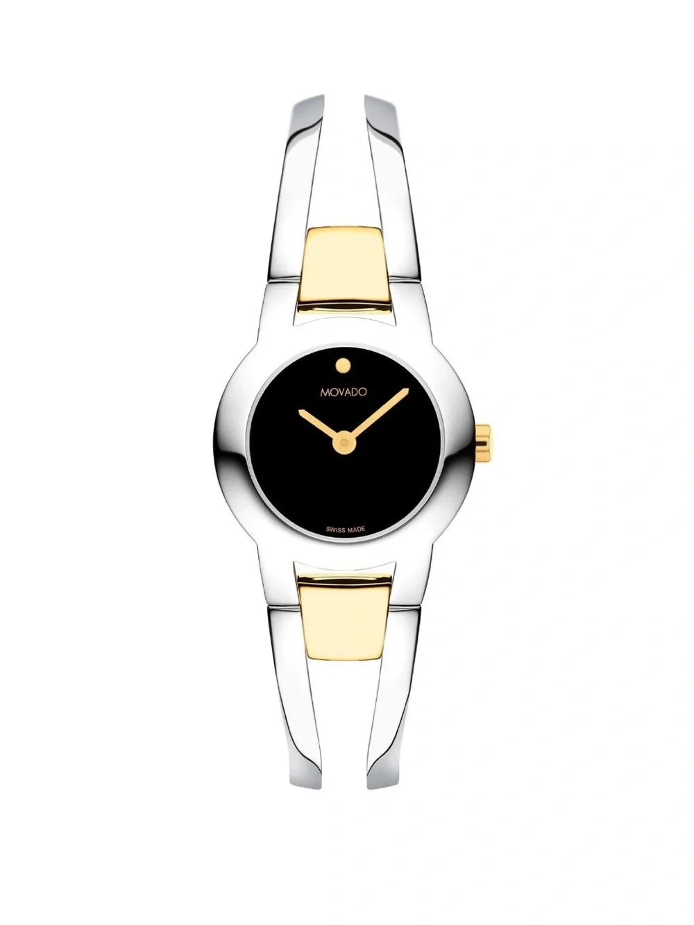 Movado Two-Tone Silver and Gold Bangle Watch with Black Dial